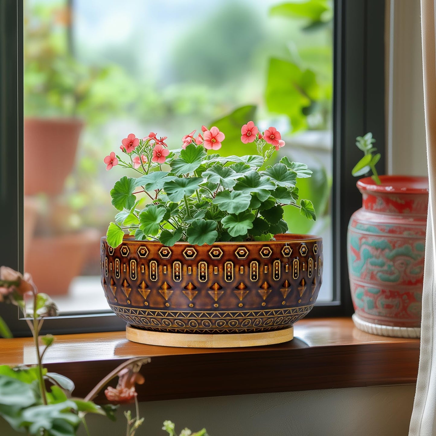 Fivepot Bonsai Pots - 8 Inch Ceramic Planter with Drainage Hole and Saucer, Boho Round Shallow Succulent Bowl for Indoor Plants Flower, Room Decor, Gifts for Plant Lovers, Brown