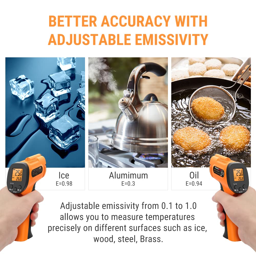 ThermoPro TP30 Infrared Thermometer Gun, Laser Thermometer for Cooking, Pizza Oven, Griddle, Engine, HVAC, Laser Temperature Gun with Adjustable Emissivity & Max Measure -50°C ~ 550°C (Not for Human)