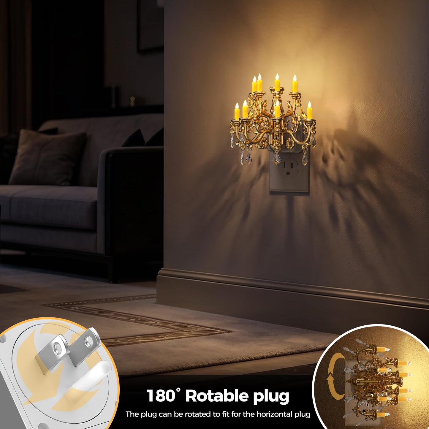 Briignite LED Night Lights Plug into Wall, Chandelier Night Light with Dusk to Dawn Light Sensor, Dimmable Golden Nightlight Plug in, 3000K Soft White for Bathroom Bedroom Hallway Kitchen