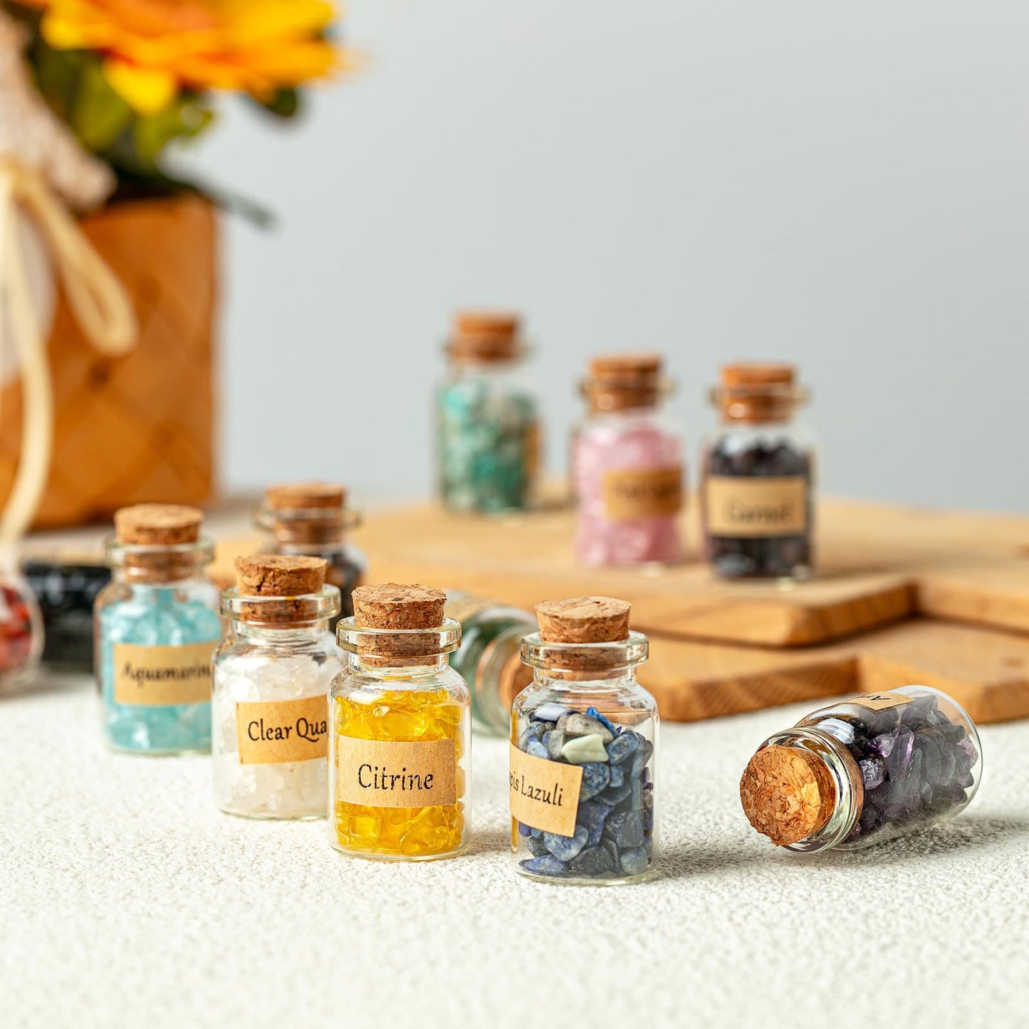 KHOCOEE 24 Gemstone Bottles Chip Crystals and Healing Stone, Chakra Healing Crystals Bottles, Wicca Gem Stones Set, Witchcraft Crystals