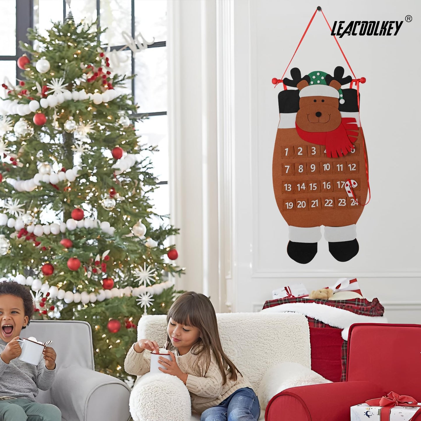 Christmas DIY Advent Calendar Felt Advent Calendar with Pockets Hanging Reusable Countdown Calendar for Kids Christmas Decorations Gifts (Brown elk)