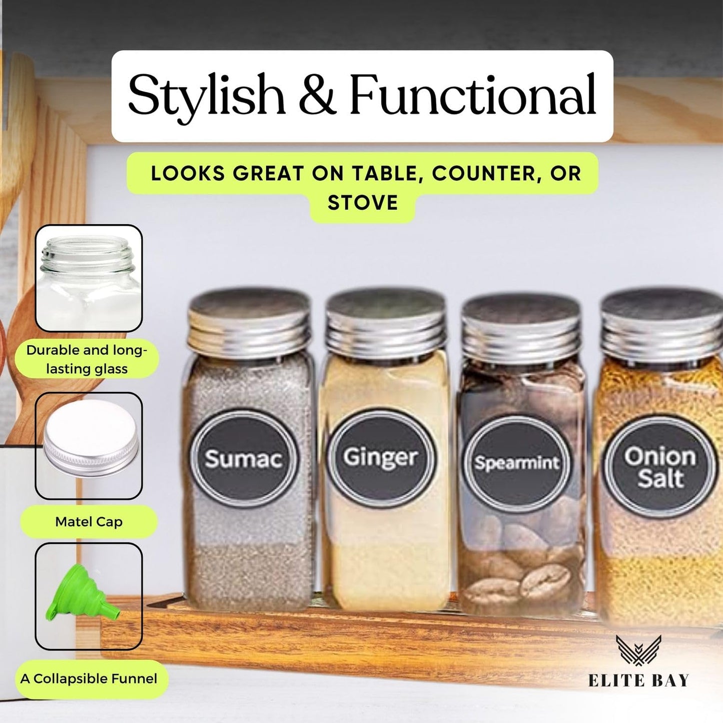 ELITE BAY-Spice Jar Rack Organizer with KEEP – 4-Tier Organizer with 28 Empty Bottles, 180 Waterproof Labels (55 Blanks) & Funnel| Space-Saving Spice Storage for Kitchen Counter or Cabinet.