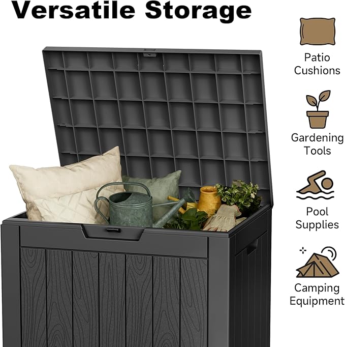 30 Gallon Outdoor Deck Box, Lockable Waterproof Outdoor Storage Boxes For Garden Tools,Indoor Cushions,Accessories Outside Storage Resin Weatherproof Container(Black)