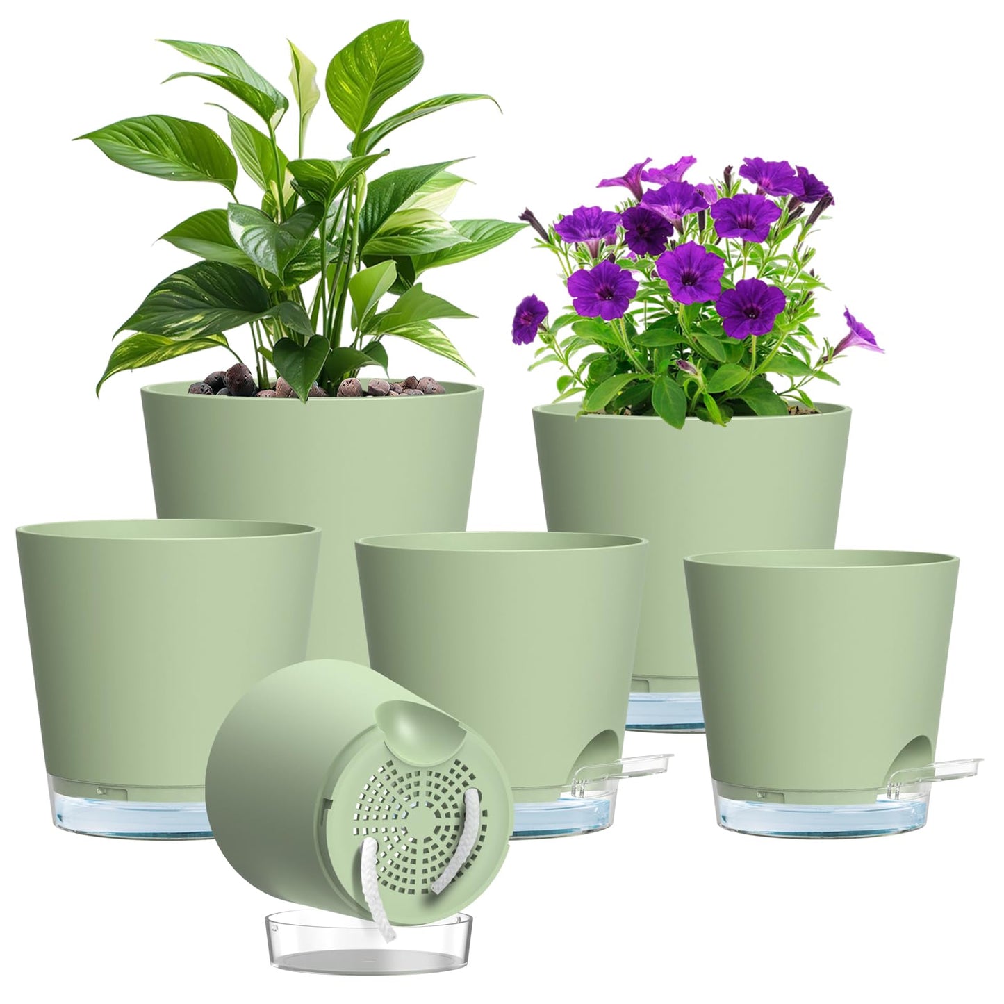 Meowell Self Watering Pots Pack of 6 – Different Size 4" to 7" Indoor Plant Pots with Drainage Holes and Clear Reservoir for Visible Water Level, Plastic Wicking Planters for House Plants, Green