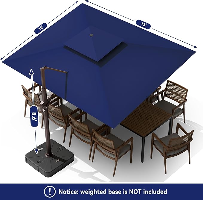 10 X 13 FT Cantilever Outdoor Patio Umbrella with Base Included Large Heavy Duty 360° Rotation Double Top Offset Rectangular Umbrellas with Led Lights for Backyard Outside Deck, NAVY