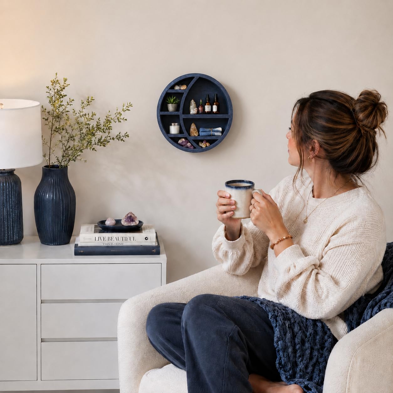 Nimpro Wooden Crescent Moon Shelf - Boho Wall Decor Crystal Display Shelf for Bedroom, Dorm & Nursery | Crystal Holder for Essential Oils, Witchy & Moon Phase Decor | 14x14x3.5 | Paulownia Wood
