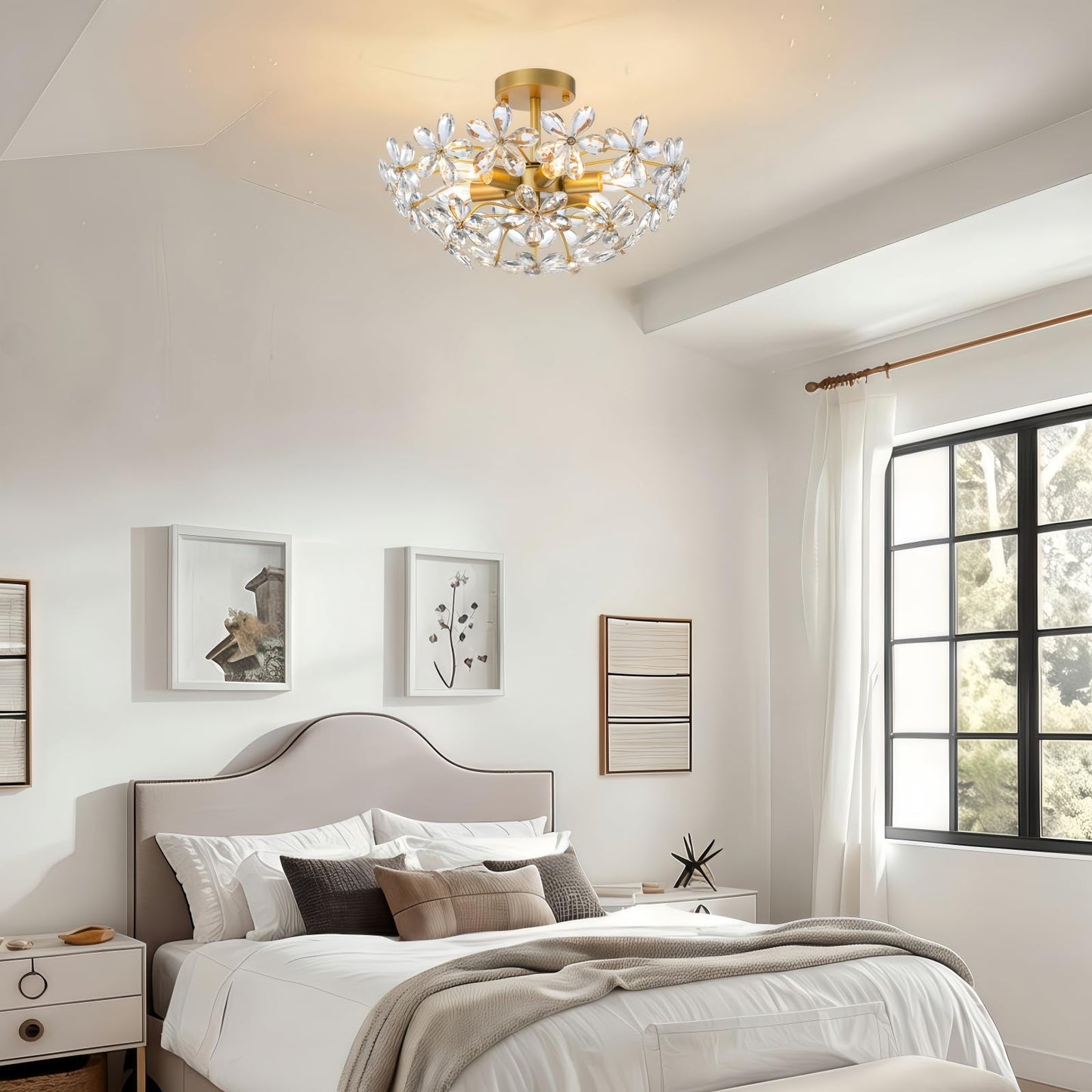 LOHOZOM Bedroom Flower Ceiling Light, Brass Gold Flush Mount Chandelier,17.7inch 6-Light Modern Crystal Closet Ceiling Light Fixture for Kitchen Girl Room Hallway Entryway Foyer