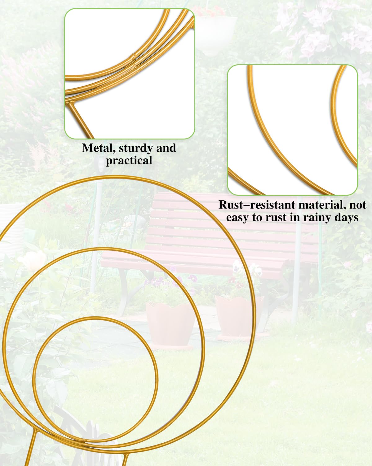 3 Pack Premium Round Plant Trellis Indoor, Small Metal Plant Support Stake for Climbing Plants, Different Sizes Gold Garden Trellis for Ivy and Flowers Outdoor