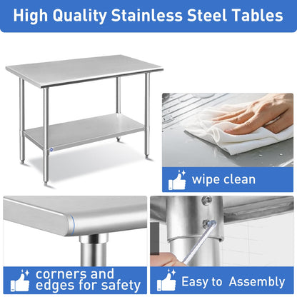 ROCKPOINT Stainless Steel Table for Prep & Work 18x30 Inches, NSF Metal Commercial Kitchen Heavy Duty Table with Adjustable Under Shelf and Table Foot for Restaurant, Home and Hotel