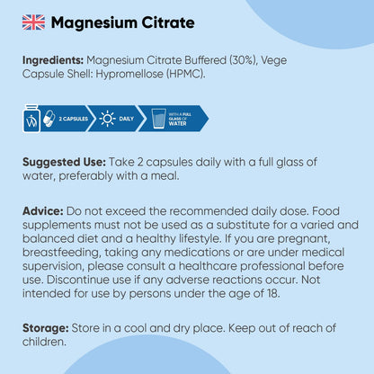 Magnesium Supplements | Magnesium Citrate Capsules (Buffered 30%) | 240 Vegan Capsules | Providing 444mg Elemental Magnesium | Lactose & Gluten-Free