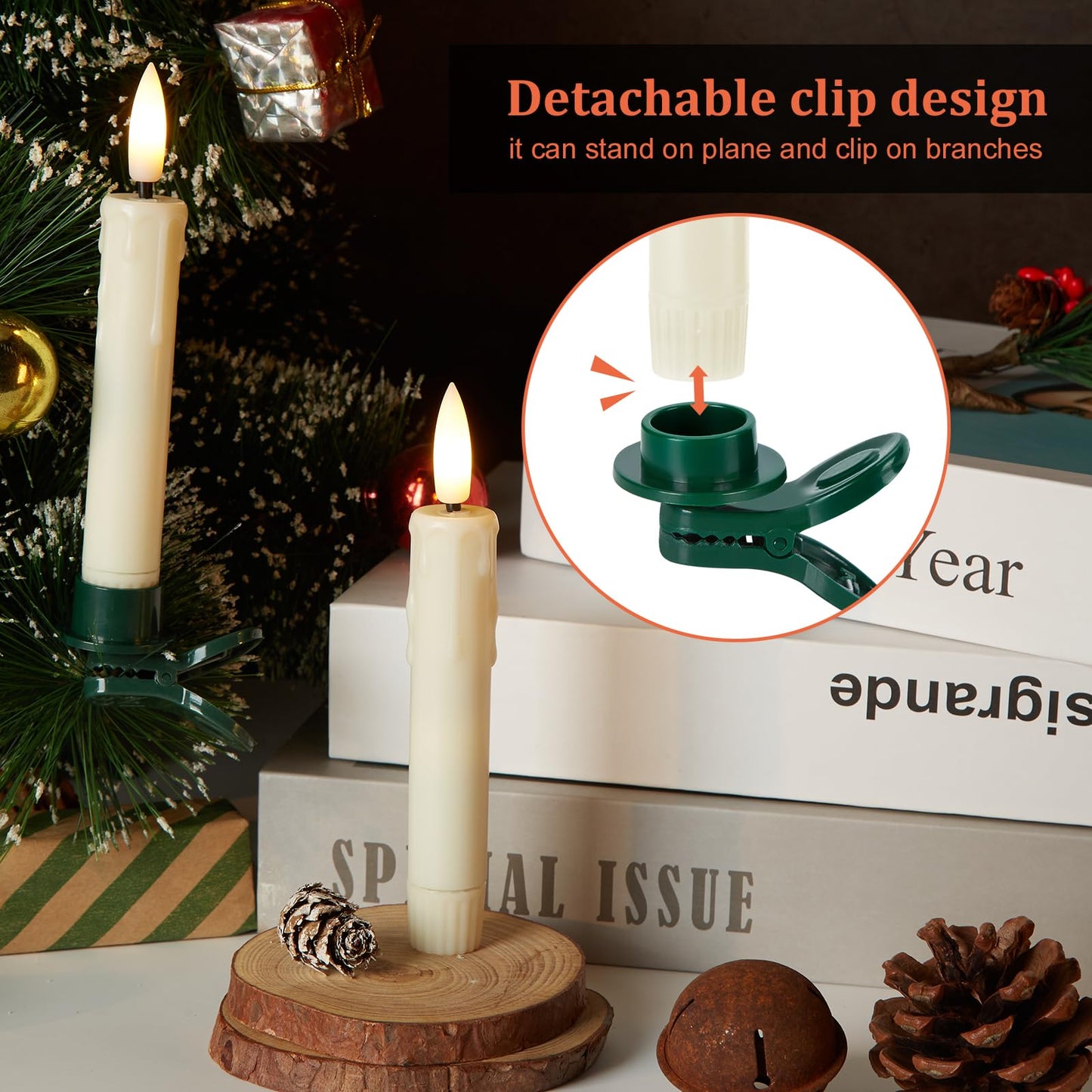 IMAGE 12Pcs LED Taper Candles Light Set 5.3 inches Dripping Flameless 3D Wick Ivory Candles with Clip-on Christmas Tree Design, 10-Key Remote with Timer, Warm White Light Battery Operated for Decor