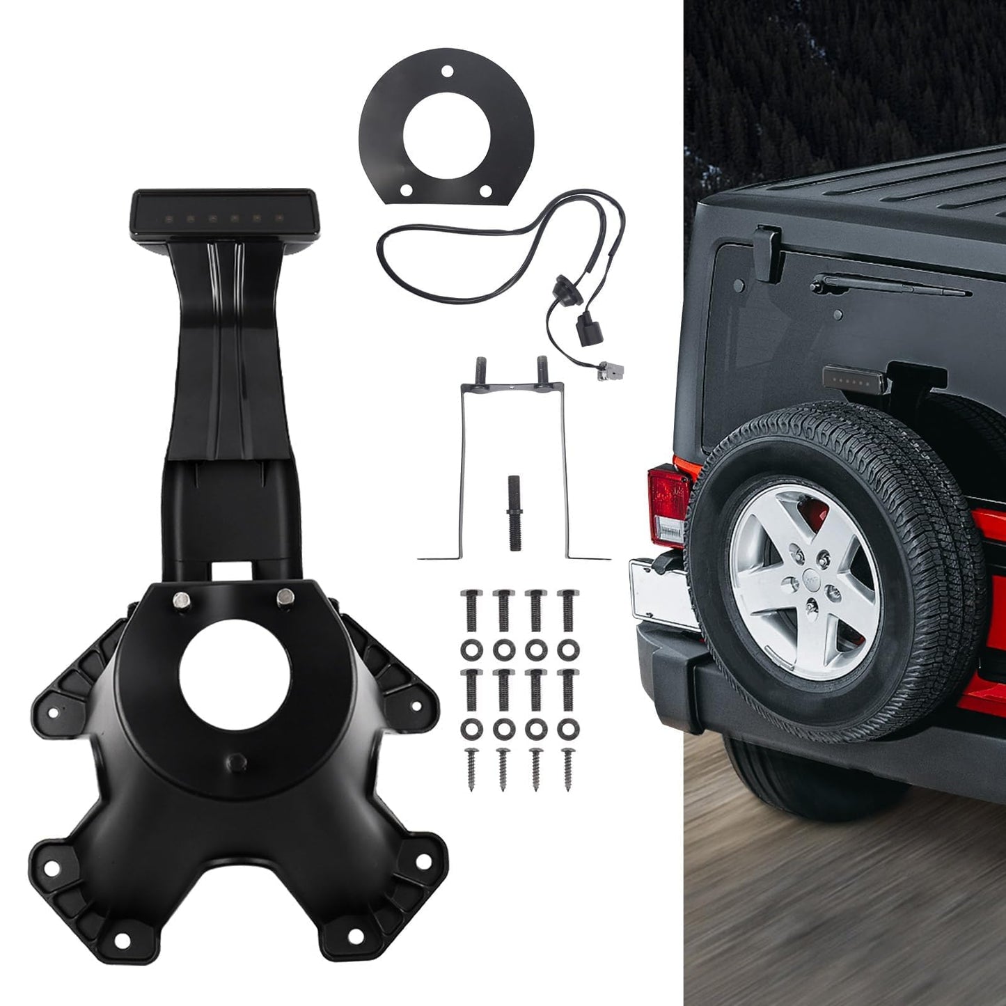 DKMGHT Spare Tire Holder Mounting Bracket Tire Carrier for Jeep Wrangler JK 07-18 with 3rd Third Brake Light Accessories 55397217AJ 68048581AA Aluminum Alloy Bracket (Smoke Lens)