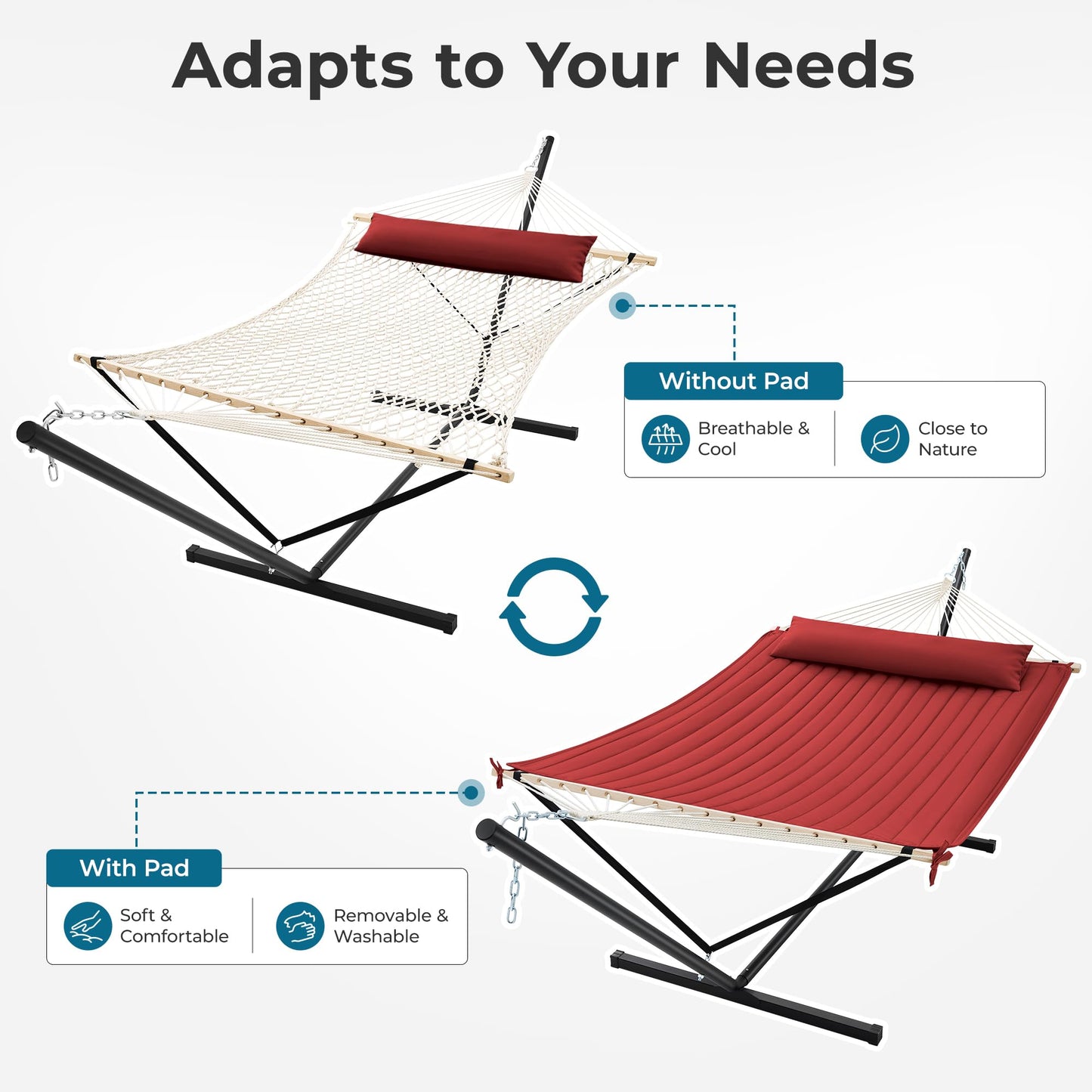 SUPERJARE 12ft Double Hammock with Stand, Rope Hammock for 2 Person, Detachable Hammock Bed and Pillow, Portable, Anti-Tip Safety Ropes, Carry Bag, Outdoor Backyard Patio Camping, Burgundy