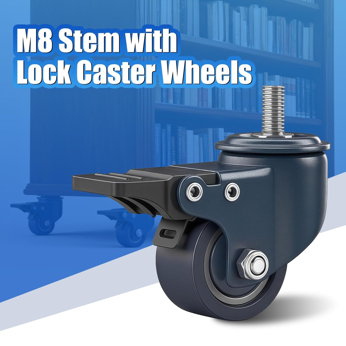 1.6 Inch Blue Polyurethane Caster Wheels, Metric M8-1.25 Threaded Stem (Screw Diameter 8mm, Length:15mm), Heavy Duty Casters Set of 4 with Locking Brakes, 450 lb Capacity for Furniture, Carts