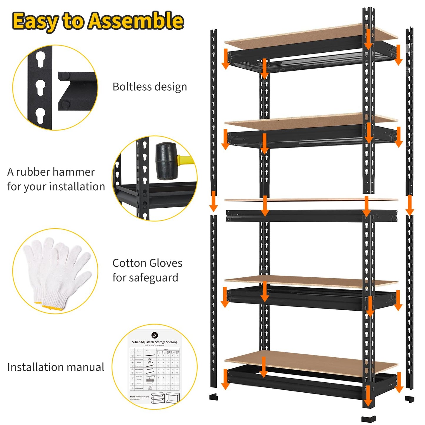 5-Tier Metal Adjustable Storage Shelving Unit, 2000 LBS Heavy-Duty Garage Shelve, 48'' x 24'' x 72'' Shelf Organizer for Garage, Kitchen, Bathroom Laundry, Closet (Black)