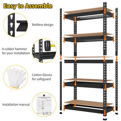 5-Tier Metal Adjustable Storage Shelving Unit, 2000 LBS Heavy-Duty Garage Shelve, 48'' x 24'' x 72'' Shelf Organizer for Garage, Kitchen, Bathroom Laundry, Closet (Black)