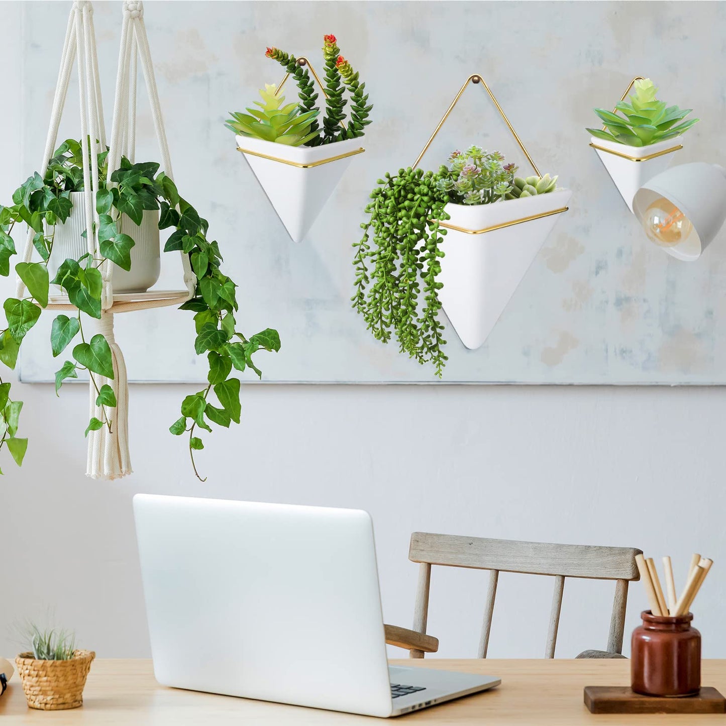 Rtteri 15 PCS Wall Hanging Planter Set with Artificial Succulents, 3 Ceramic Geometric Wall Planters in 3 Sizes, Modern Indoor Decor for Living Room Bathroom Office