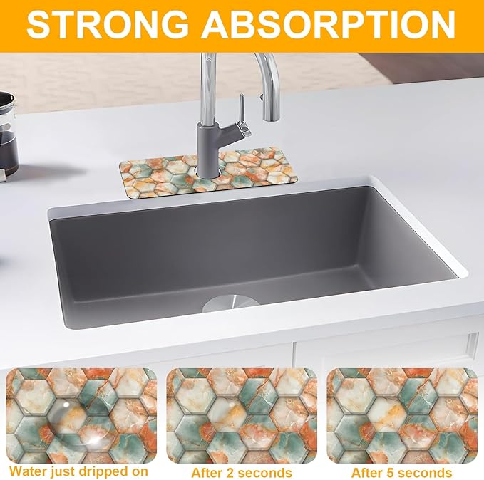 2 Pack Hexagon Marble Sink Splash Guard Faucet Mat Gold Glitter Lines Marble