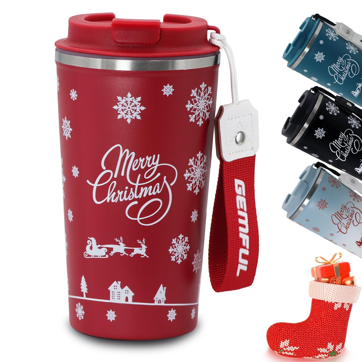 GEMFUL Chirstmas Coffee to go Cup for Her or Him 17oz Double Walled Vacuum Leak Proof Travel Coffee Mug for Hot Drinks (Red)
