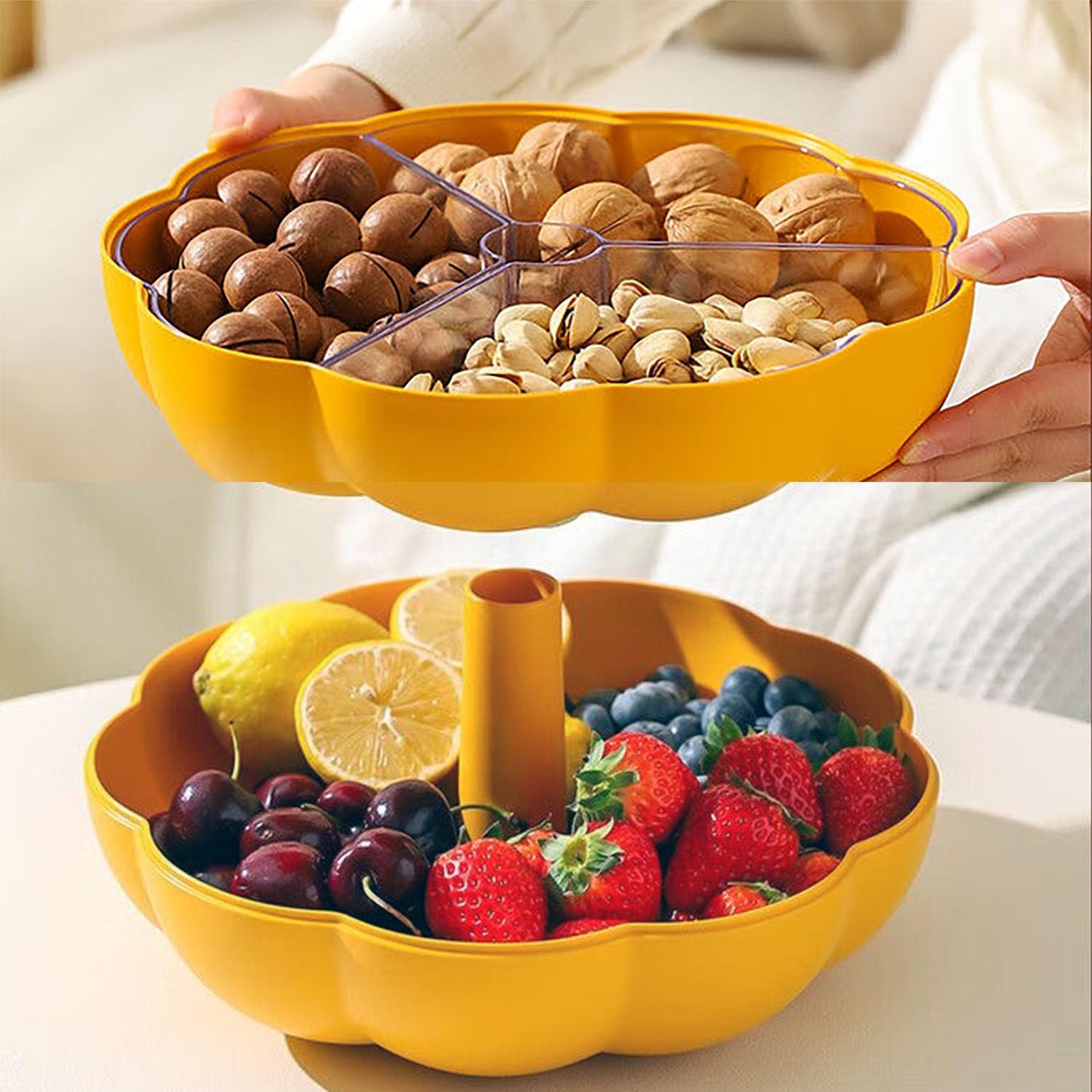 FYUEROPA Big Pumpkin Snack Holder with Lid, Double Layer Serving Container with 3 Divided Compartments, Candy Fruit Nut Tray, Snack Bowl (Orange)