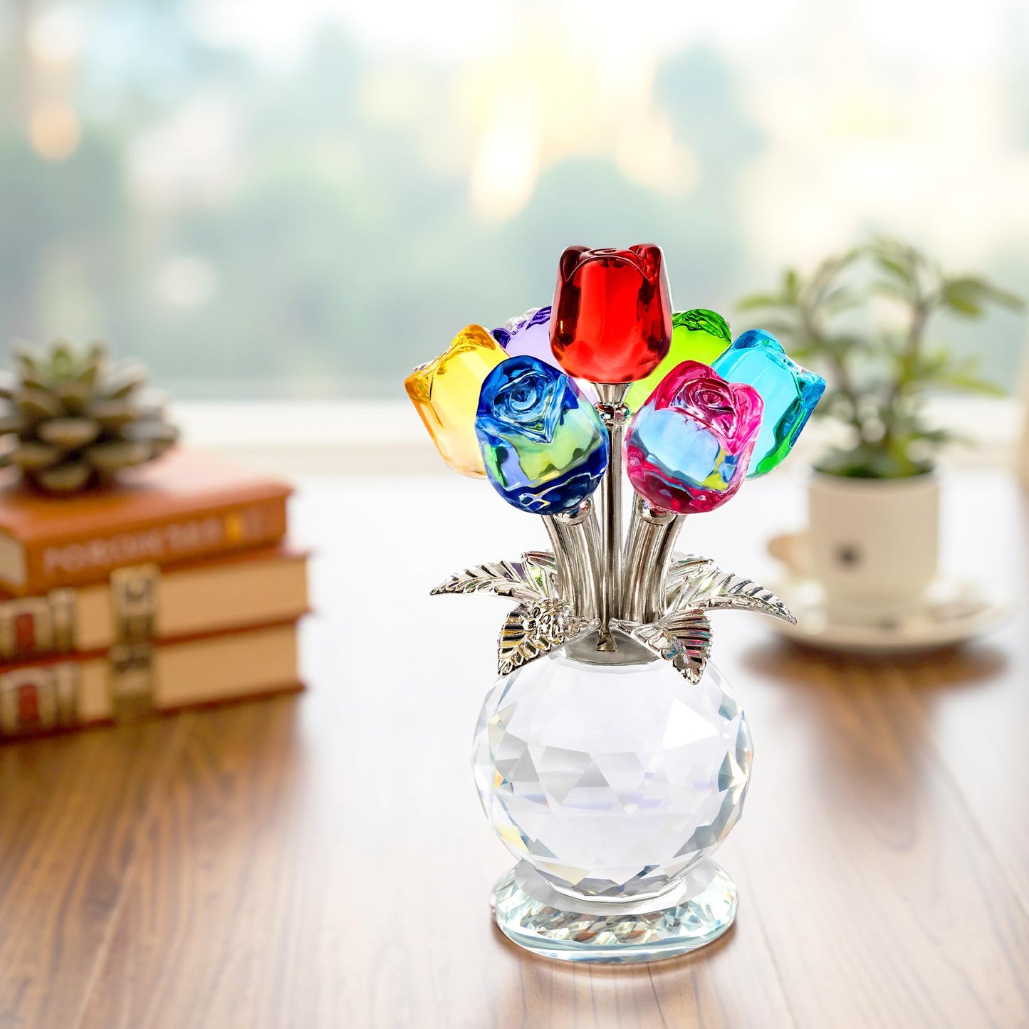 KRISININE Crystal Colorful Rose Flower Collectible Figurine Glass Flowers with Vase Romantic Gifts for Wife Mom Women(2.8 * 4.7in)