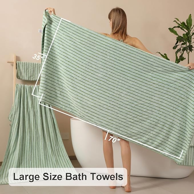 Oliven 8 Pcs Green Cabana Stripe Large Bath Towel Set Oversized Bath Sheet-2