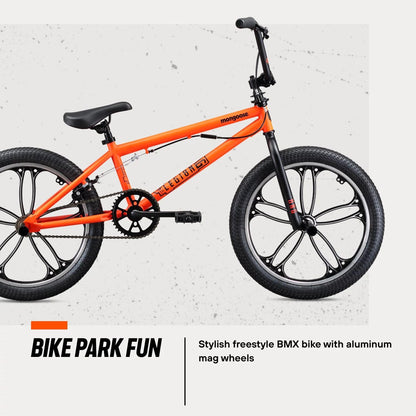 Mongoose Legion Mag Kids Freestyle Sidewalk BMX Bike, Beginner Riders, Girls and Boys, 20-Inch Stylish Aluminum Mag Wheels With 4 Axle Pegs, Hi-Ten Steel Frame, Micro Drive 40x16T BMX Gearing, Orange