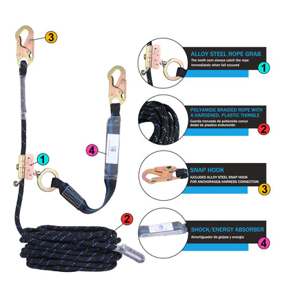 FHFallArrest 50FT Vertical Lifeline Assembly with Alloy Steel Anti-Panic Rope Grab Snap Hook Shock Absorb Lanyard, Fall Protection Rope Safety Climbing Equipment Roofing Safety Kit, CE ANSI OSHA Rated