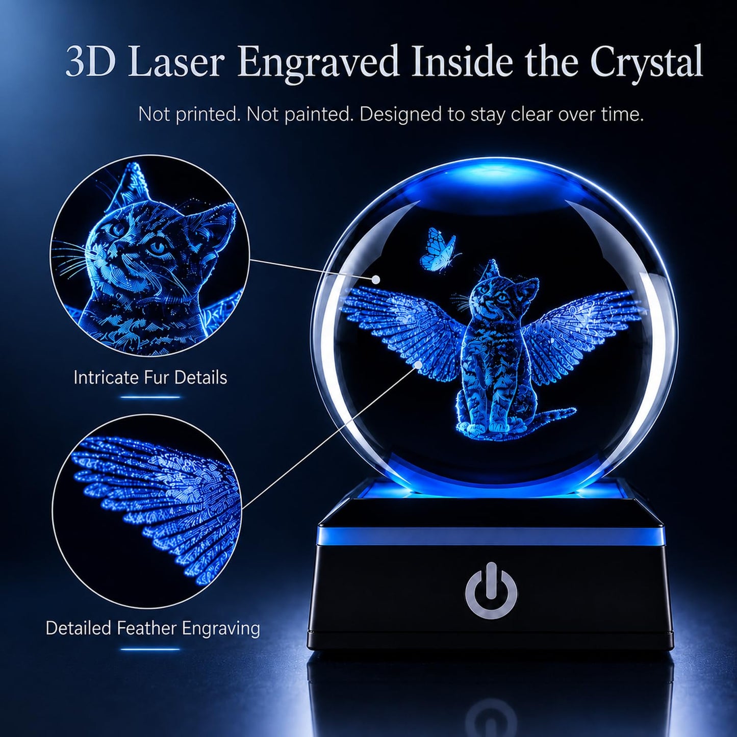 Zerelys 3D Cat Crystal Ball Night Light for Boys Girls, 3.15 Inch LED Crystal Lamp, Birthday Gift for Kids, Bedroom Decor with Gift Box (Cat)