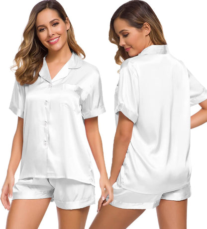 SWOMOG Womens Silk Satin Pajamas Set Short Sleeve Sleepwear Button Down Top and Shorts Loungewear 2 Piece Pjs Set XS-3XL