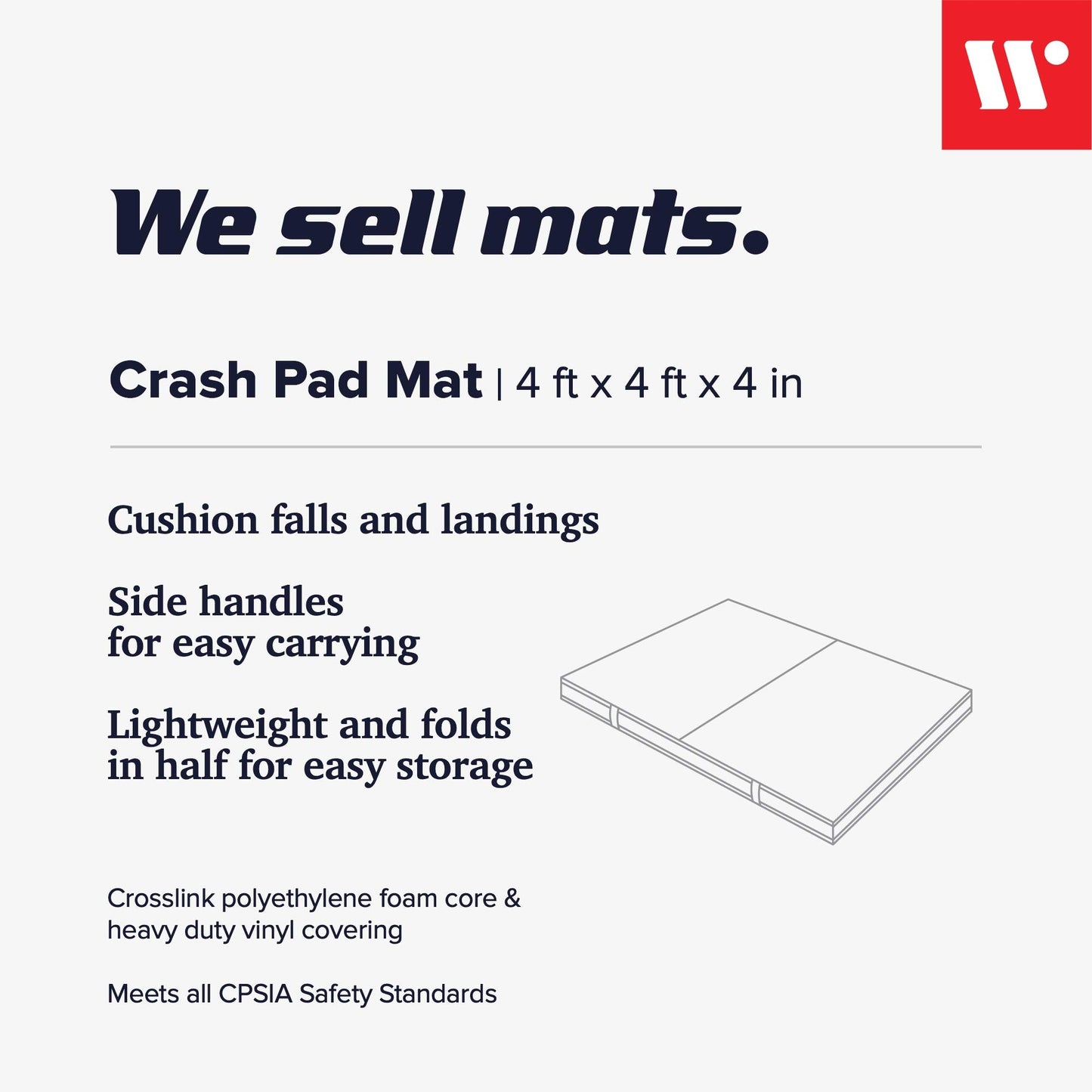 We Sell Mats Thick BiFolding Gymnastics Crash Landing Mat Pad - Portable Foam Mat for Tumbling Cheer Wrestling Martial Arts - Sponge-Core Padding Durable Vinyl Cover - Available in 4" 8" 12" Thickness