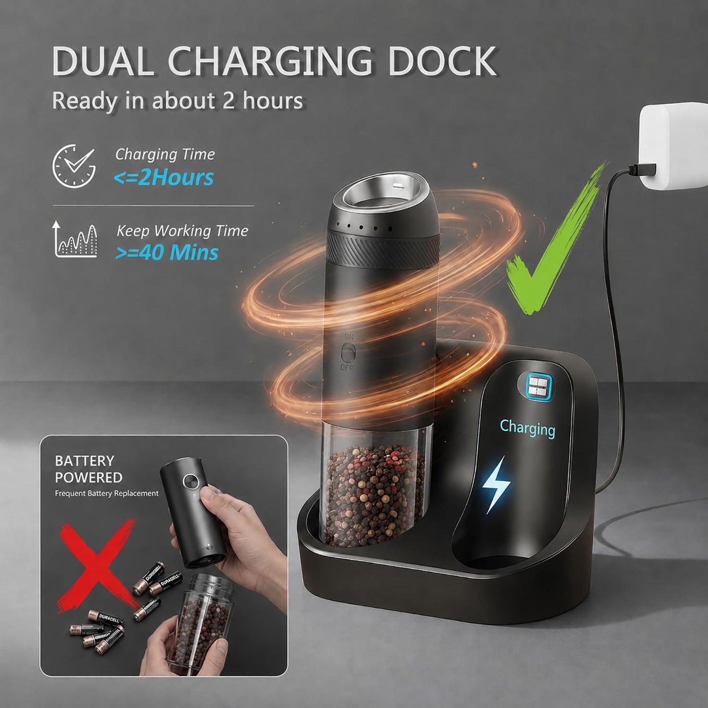 FAMAWO Gravity Electric Salt and Pepper Grinder Set, Rechargeable Automatic Mills with Charging Base, 6-Level Adjustable Coarseness, LED Light, Matte Black, 2-Pack