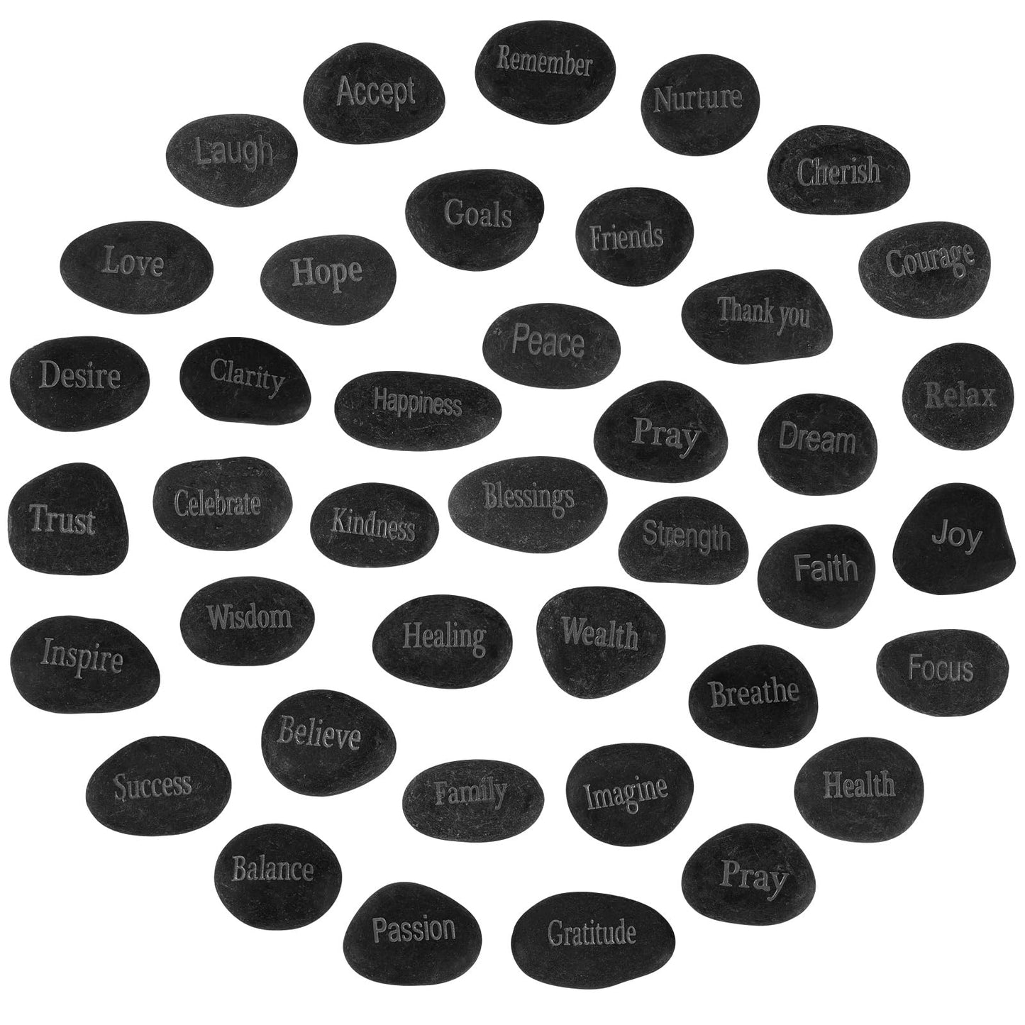 Fabbay 40 Pcs Engraved Inspirational Rocks, Encouragement Worry Stones with Words, Natural River Stone Bulk Set for Garden Decor, Meditation, Positive Gifts & Easter Decorations(Black)