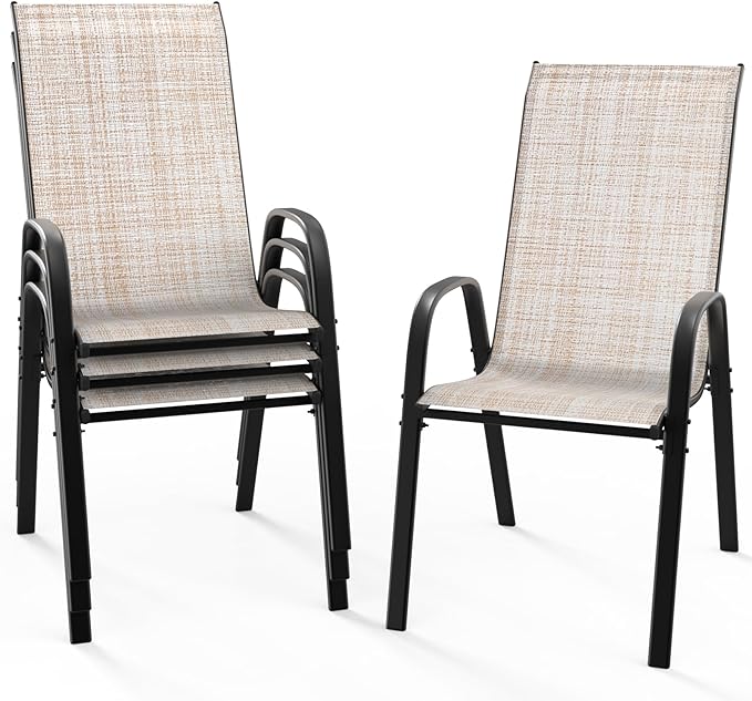 VINGLI Patio Chairs Set of 4 – Stackable Outdoor Dining Chairs with Comfortable Sling High Back Chairs and Armrests for Lawn, Poolside, Courtyard, Balcony, Garden, Yellow