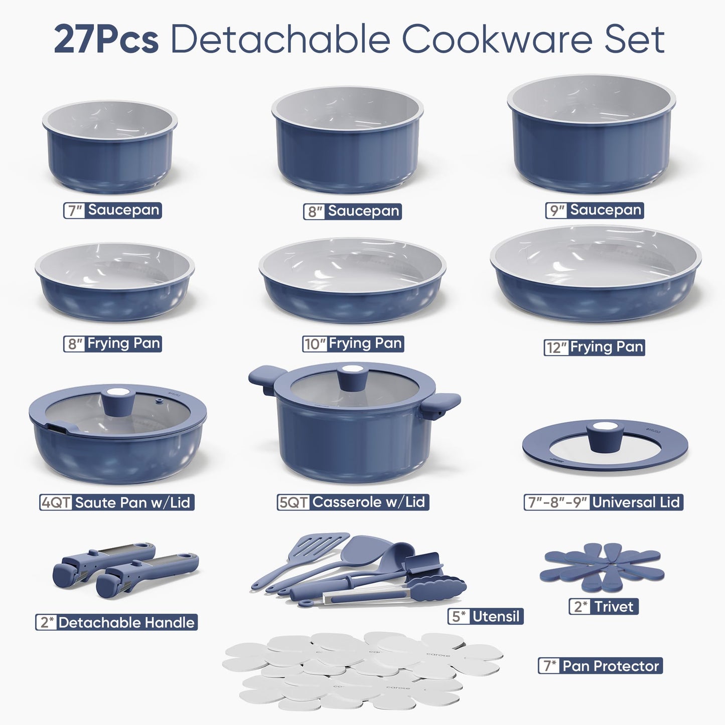CAROTE 27pcs Ceramic Cookware Set Nonstick, Pots and Pans Set Non Stick, Non Toxic Cookware Detachable Handles, Dishwasher/Oven Safe, RV/Camping Cookware with Kitchen Utensils, Blue