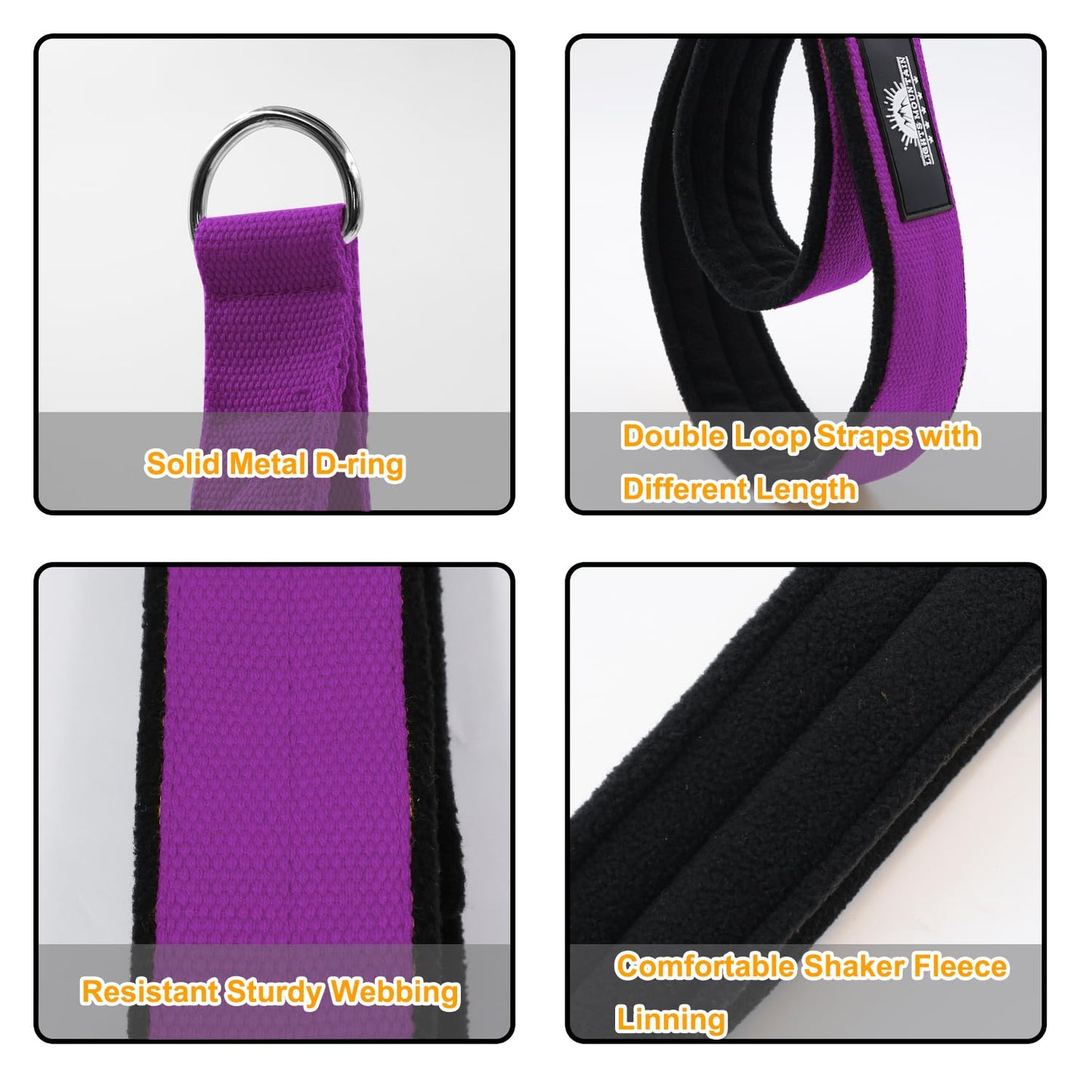 Lights Mountain Durable Pilates Double Loop D-Ring Straps - Padded Handles for Reformer, Yoga & Home Gym Workouts (Purple L)
