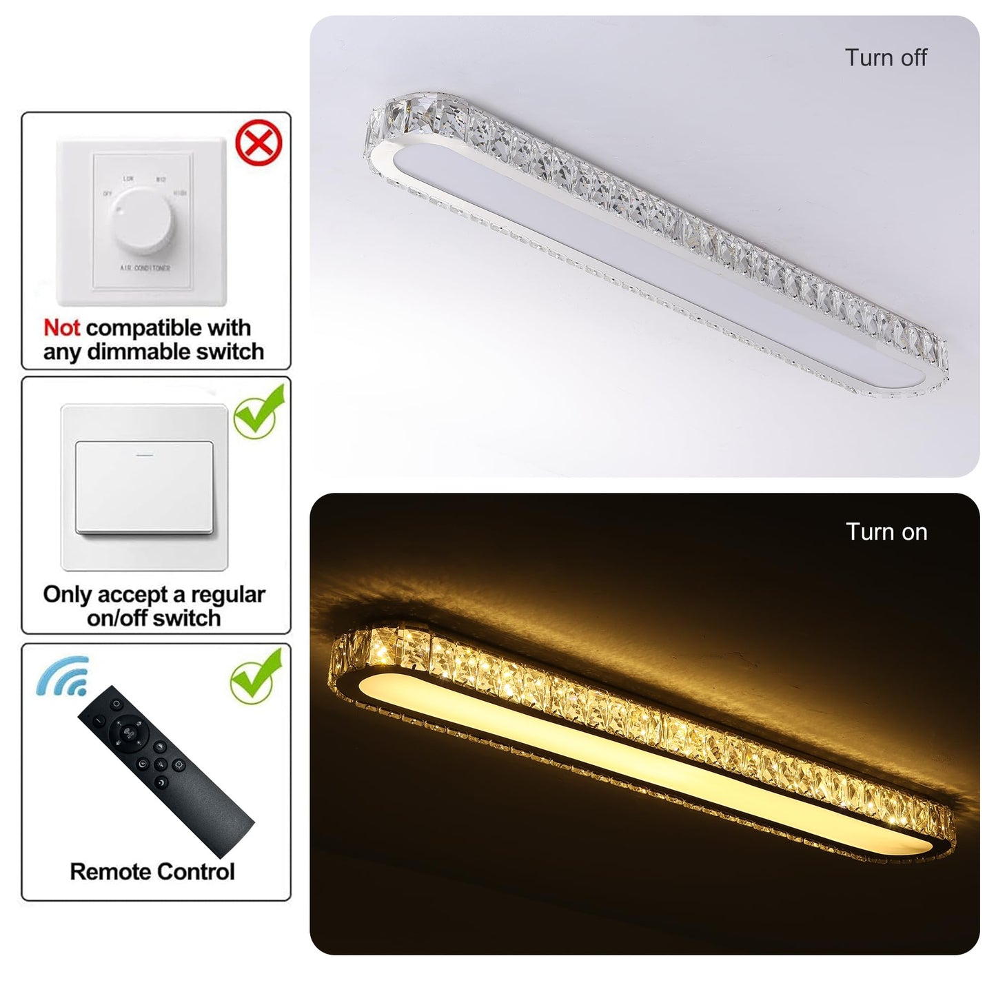 Qcyuui Dimmable LED Ceiling Light 39.4'' Kitchen Lighting Fixtures Ceiling Modern Luxury Crystal Ceiling Light with Remote Chrome Long Ceiling Light Fixture for Kitchen Dining Room Hallway,48W