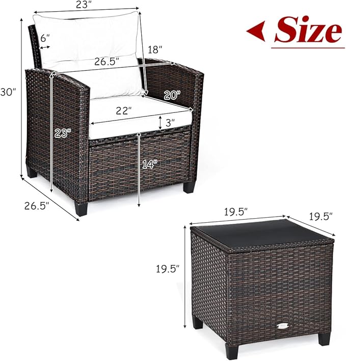 COSTWAY 3PCS Patio Furniture Set, PE Rattan Wicker Sofa w/Washable Cushion and