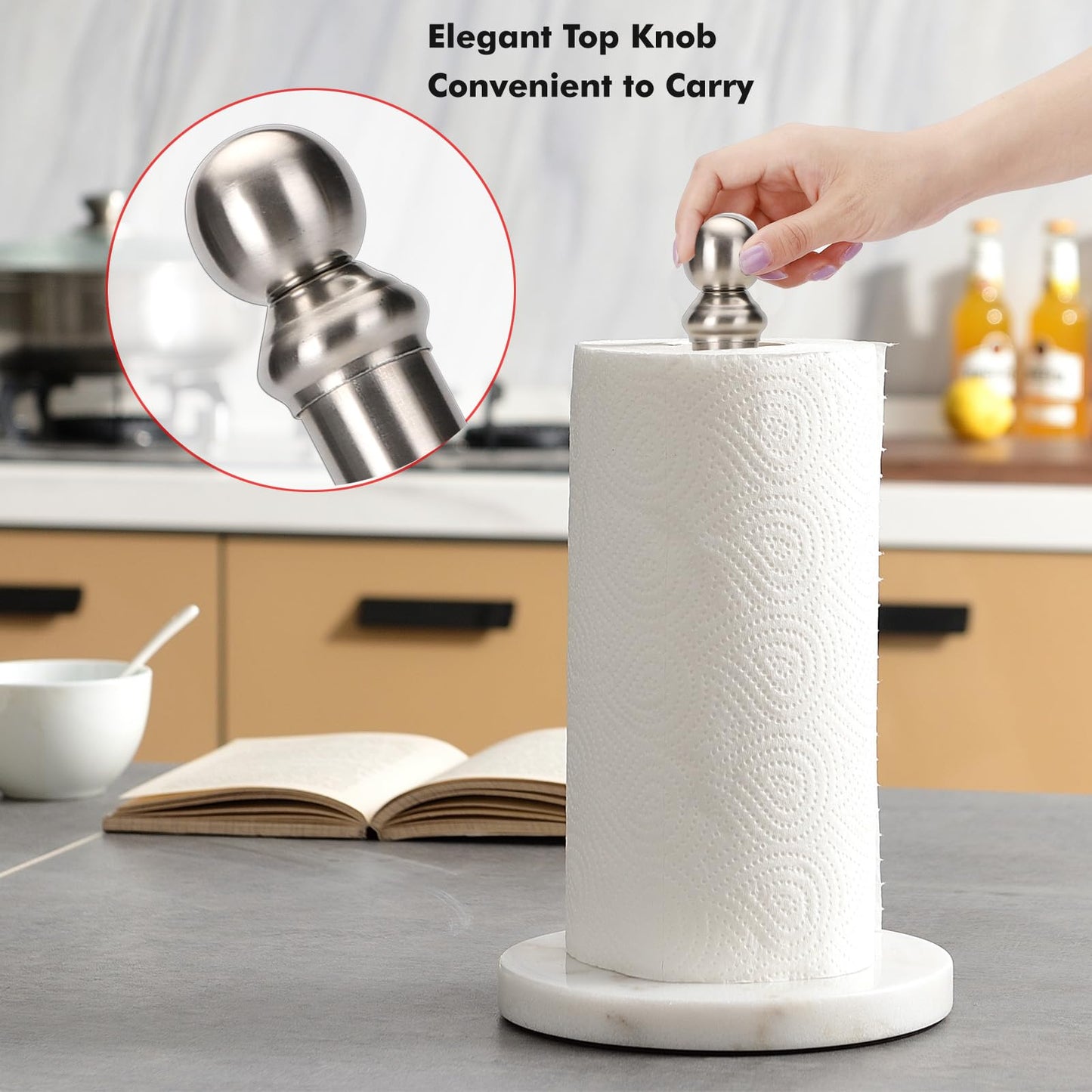 Exilon Paper Towel Holder Countertop with Heavy Marble Base, Standing Paper Towel Roll Holder for Kitchen Bathroom, with Weighted Base for One-Handed Operation