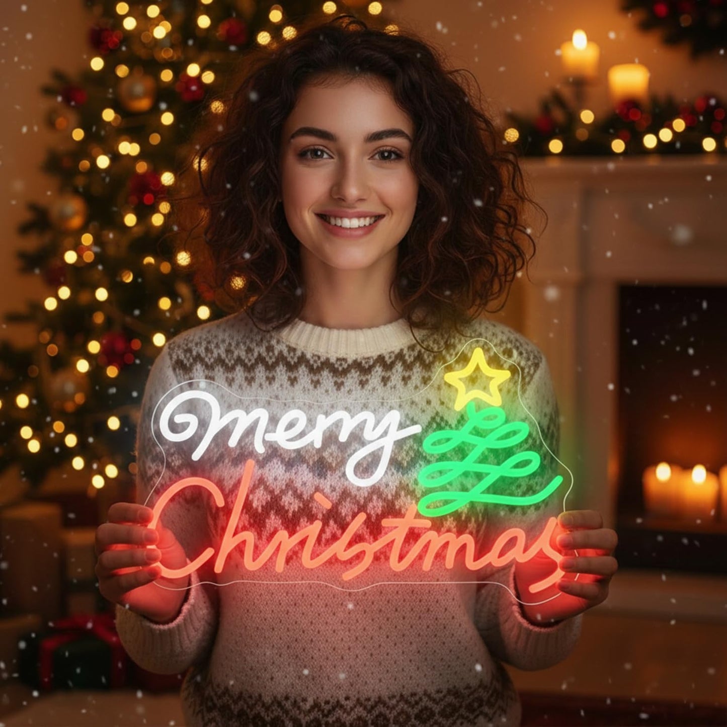 Modern Merry Christmas Neon Sign with Artistic Tree & Star,LED Light Sign for Wall Decor, USB Powered Dimmable Indoor Christmas Window Lights for Home, Bedroom,Party,Bar, Xmas Decorations Gift