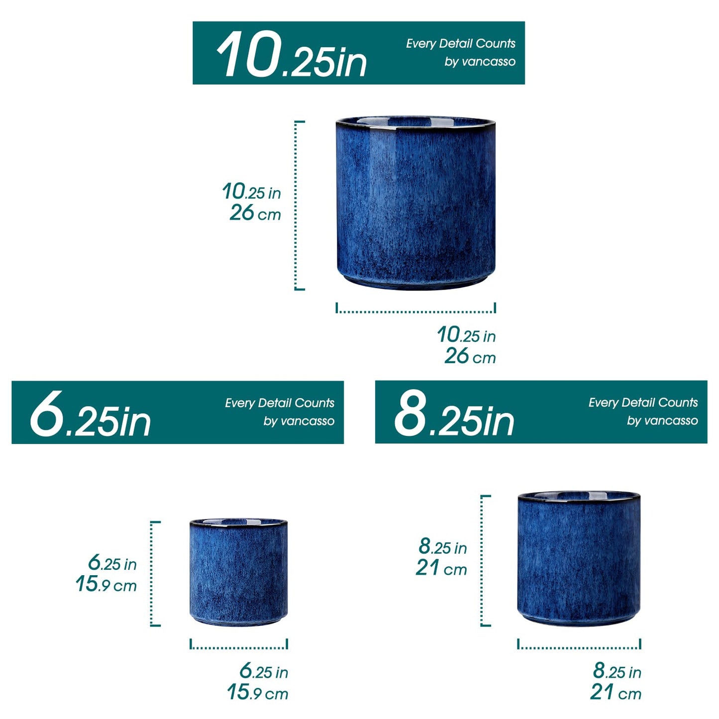 vancasso 6"+8"+10" Ceramic Pot for Plants, Large Outdoor Indoor Planter Pots with Drainage Holes, Set of 3, Blue