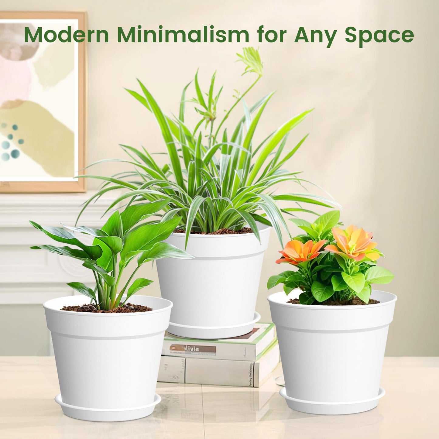 SwinDuck 20 Pack 6 Inch Plant Pots with Drainage and Saucers, White Plastic Flower Pots for Indoor and Outdoor Plants, Stackable Nursery Planters for Houseplants and Herbs, White