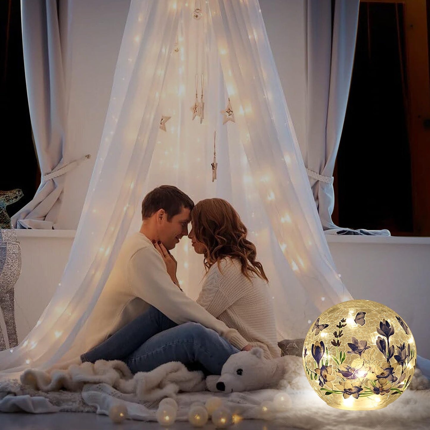 Sphere Glass Crystal Lamp with Timer – 6 Inches, 6 Hours Auto On / 18 Hours Off, LED Light with Blue Flowers and Green Grass Designs, Handcrafted Decorative Glass Light for Home Decor