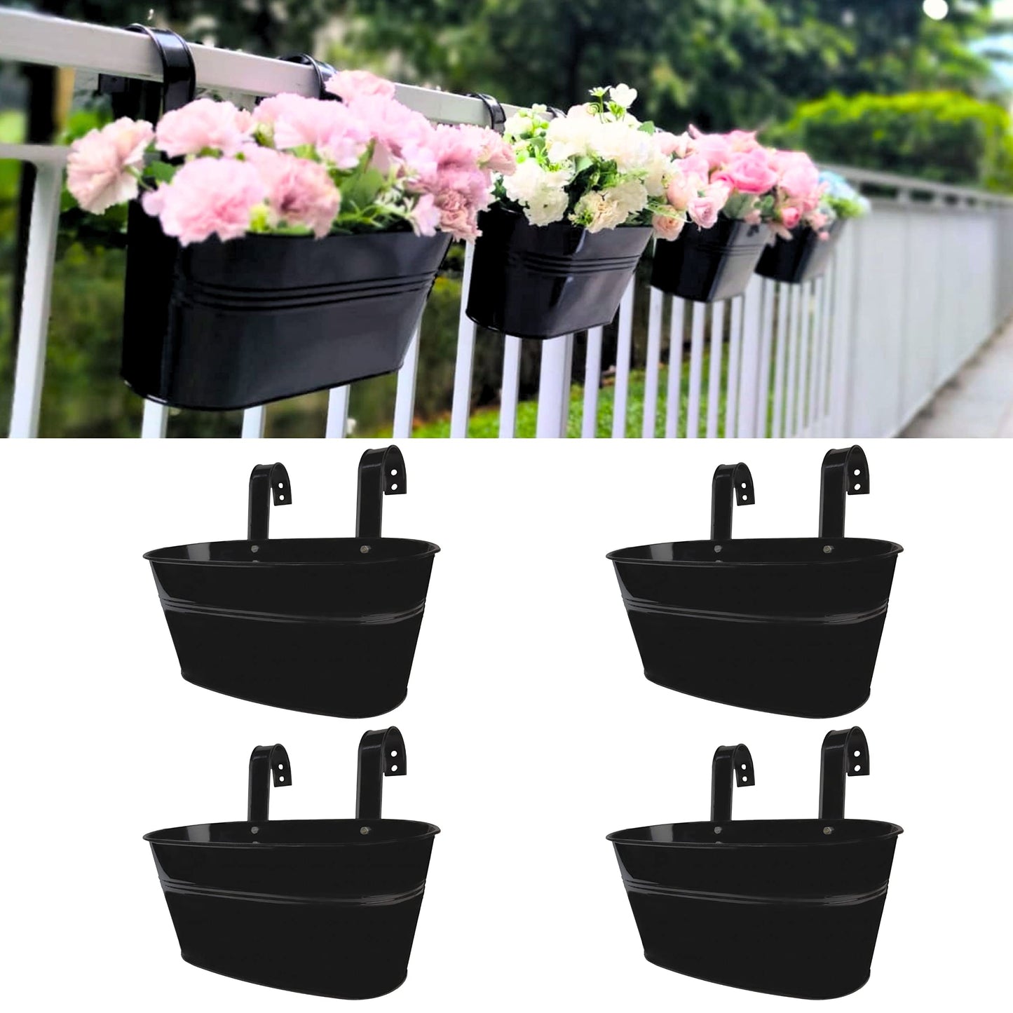LaLaGreen Outdoor Rail Planter (11.8 Inch, 4 Pack) Black Metal Iron Hanging Flower Pots Deck Railings Fence Buckets Modern Countryside Boho Style Wall Mount Window Box Plant Holder Hooks Porch Decor
