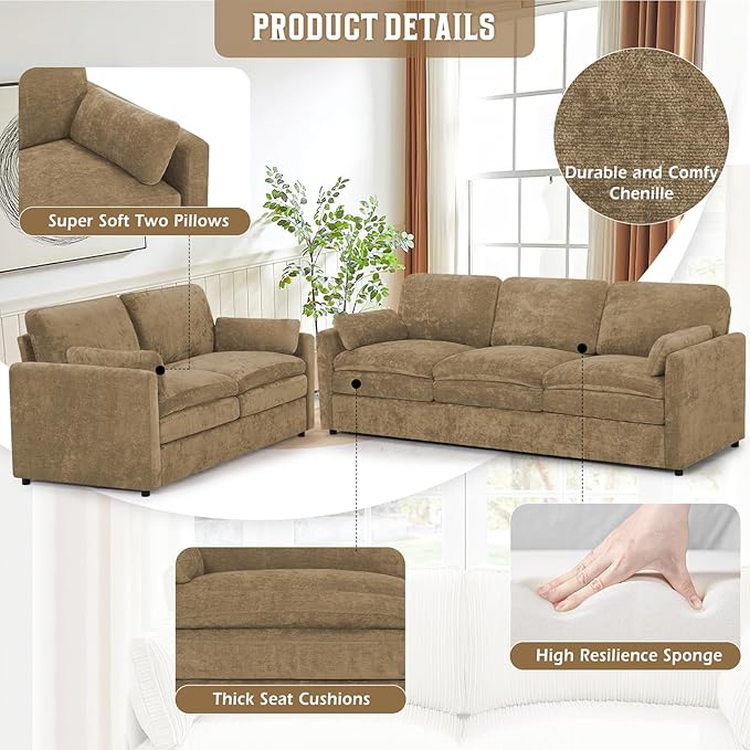 Comfy Chenille Sofa Set with Well-Filled Pillows, Modern 3 Seater and Loveseat