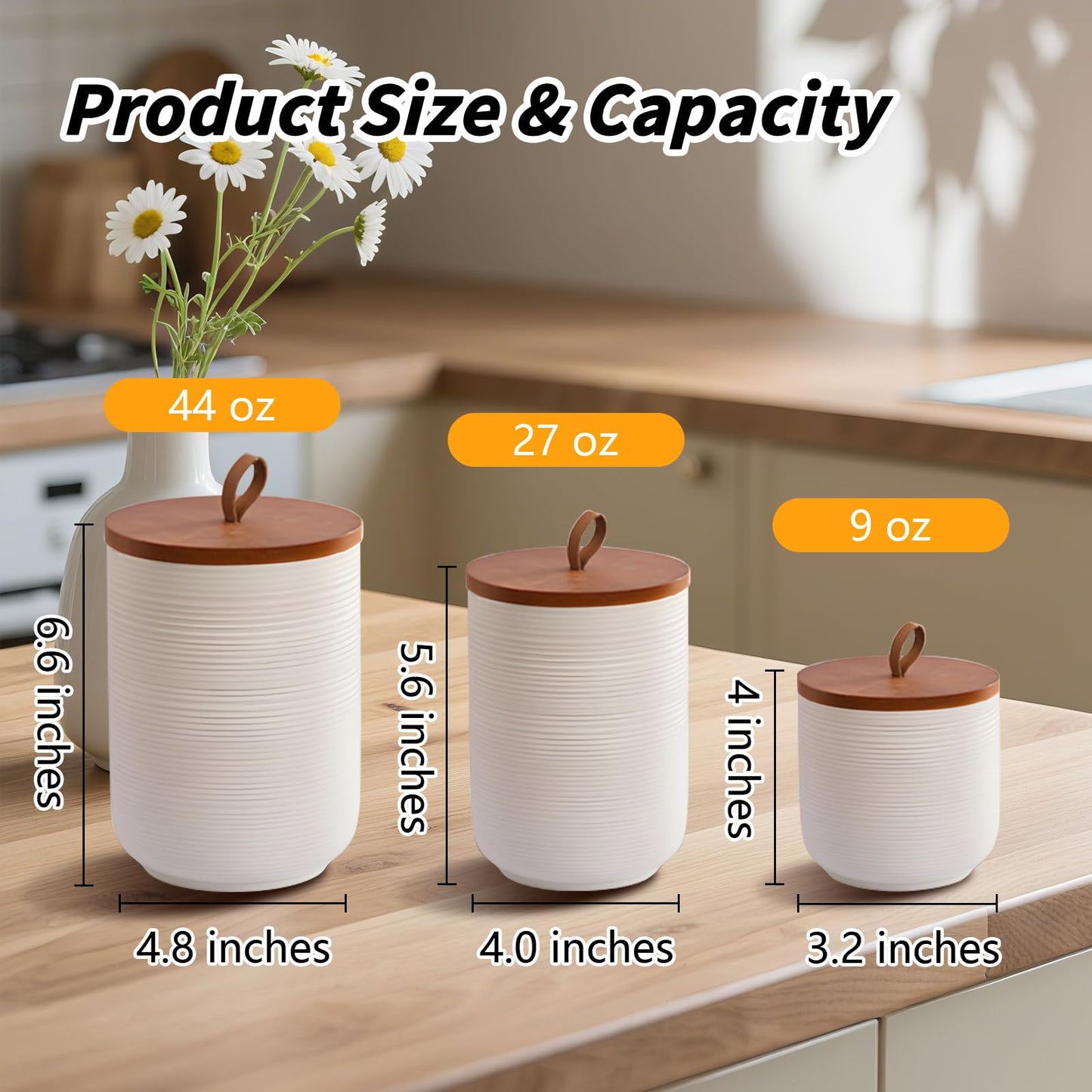 Food Storage Jar Strong Ceramic Storage Canisters with Airtight Wooden Lid,Kitchen Storage Containers for Serving Coffee Beans, Tea, Sugar, Salt, Spices (White three-piece suit)
