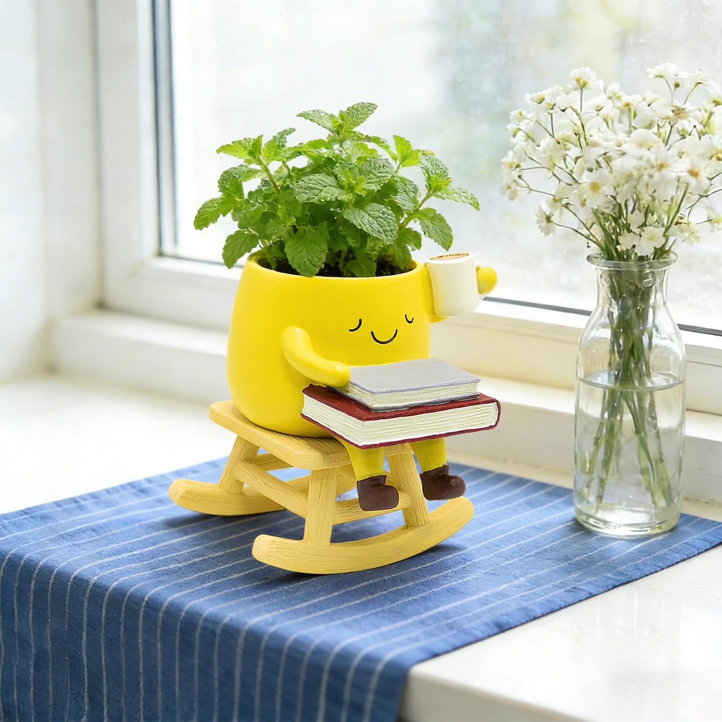 YOUOIVIA Rocking Chair Face Planter, Cute Coffee Plant Pots for Indoor Outdoor, Resin Funny Planter with Drainage, Unique Cactus Succulents Flower Pot, Desk Plant Table Top Decor, Home Gifts (Yellow)