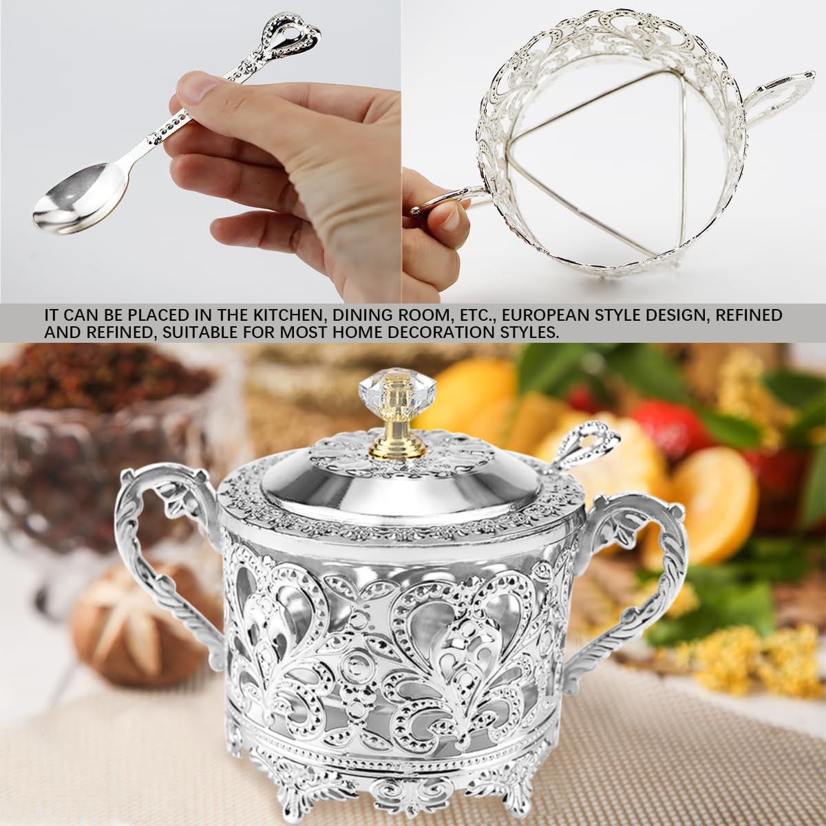 LNQ LUNIQI Glass Sugar Bowl with Lid and Spoon Vintage Kitchen Food Canister Condiment Pot Storage Jar Seasoning Containers for Home Restaurant Kitchen（Silver）