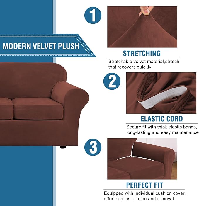 H.VERSAILTEX Real Velvet Plush 3 Piece Stretch Sofa Covers Couch Covers
