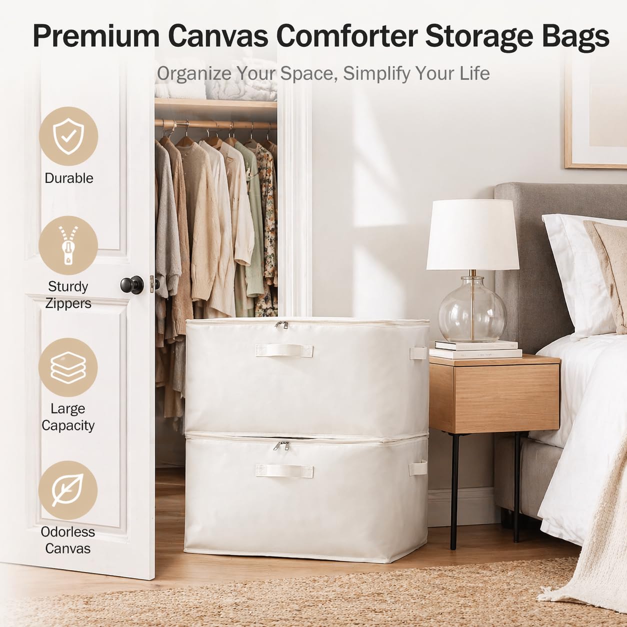 2 Pack Large Canvas Comforter Storage Bags Closet Organizer for Clothes Sweater Clothes Organizer with Dual Zipper Three Carrying Hand